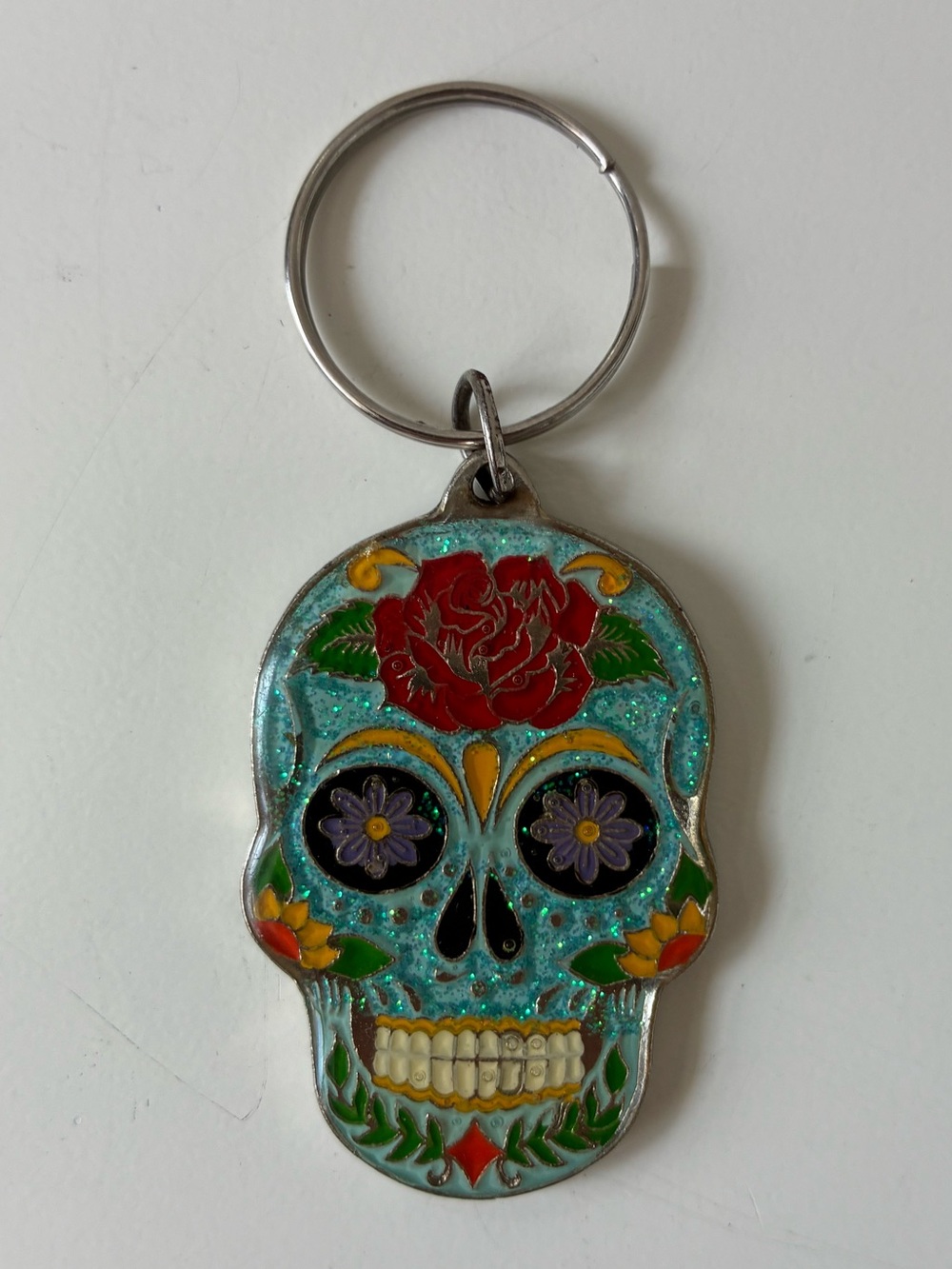 Vintage Turquoise Glitter Sugar Skull Keychain with Red Rose - Mexico Souvenir